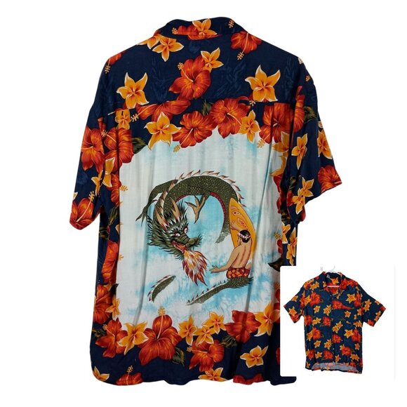 Vintage Red Dragon Hawaiian Shirt By Kennington L Floral Surf Print Short Sleeve - Picture 1 of 8